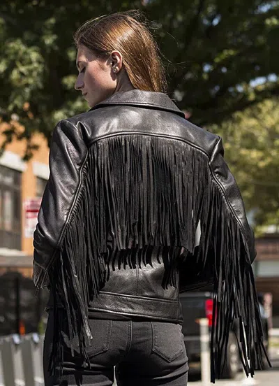 Pre-owned Whetblu Ladies Western Style Black Cowhide Jacket With Fringe Trim (lc1503-black)