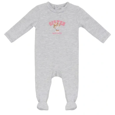 Whipped Cocoa Babies'  Cotton Spandex Sis Embroidered Bear Snap Back Footed Romper In Gray