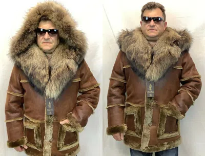 Pre-owned Whiskey Real Sheepskin Shearling Leather Real Raccoon Marlboro Trench Coat S-8xl In Brown