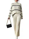 Whisper Mint Stripped Top Knit Pants Set In White In White