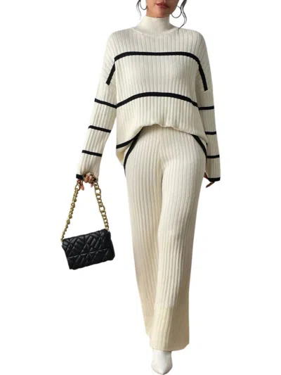 Whisper Mint Stripped Top Knit Pants Set In White
