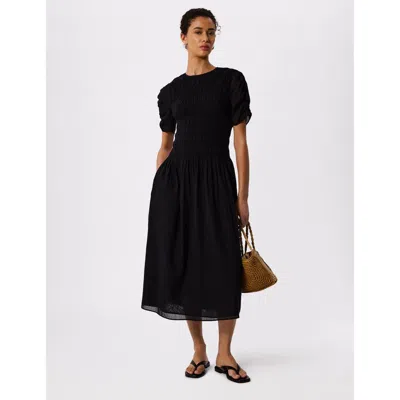 Whistles Womens Avery Ruched-sleeve Smocked Cotton Midi Dress Black
