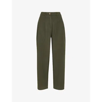Whistles Bethany Pleated Barrel-leg Mid-rise Cotton Trousers In Khaki