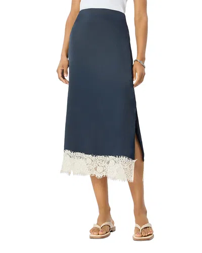Whistles Lace Hem Satin Midi Skirt In Blue