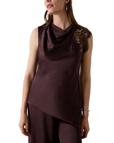 Whistles Lace Trim Asymmetrical Satin Top In Brown