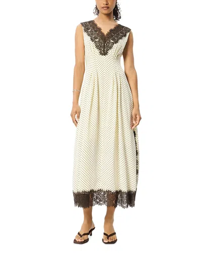Whistles Lace Trim V Neck Spot Midi Dress In Neutral