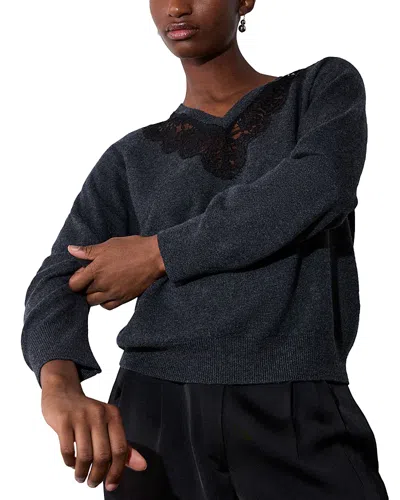 Whistles Lace Trim V Neck Sweater In Gray