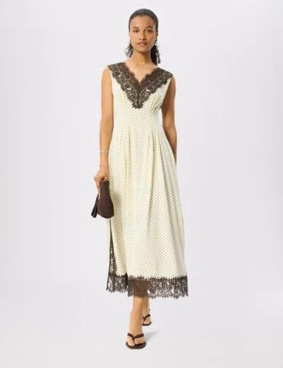 Whistles Lace Trim V Neck Spot Midi Dress In Neutral