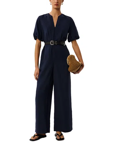Whistles Linen Blend Tie Waist Jumpsuit In Blue