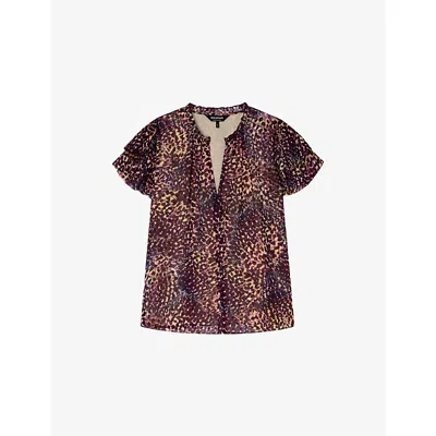 Whistles Omens  Abstract-print Short-sleeved Woven Top In Brown