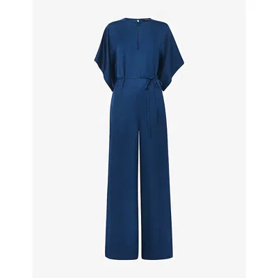 Whistles Omens  Belted-waist Short-sleeve Satin Jumpsuit In Blue
