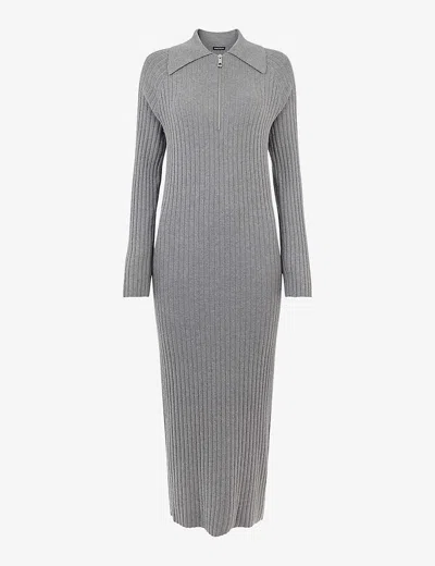 Whistles Bonnie Ribbed Knitted Midi Dress In Grey