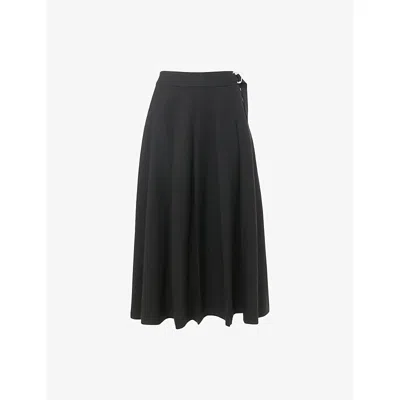 Whistles Womens Black Buckle-embellished Pleated Stretch Wool-blend Midi Skirt