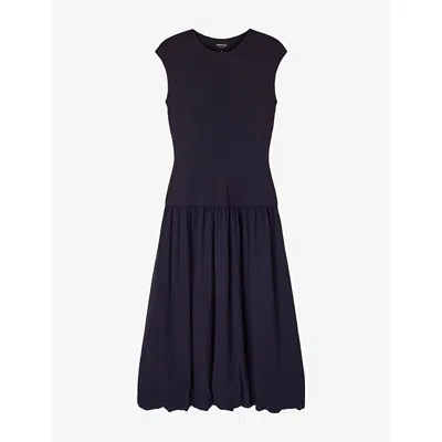 Whistles Womens Navy Crewneck Bubble-hem Stretch-knit Midi Dress In Blue