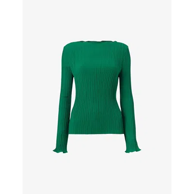 Whistles Womens Green Elsa Boat-neck Plissé Top