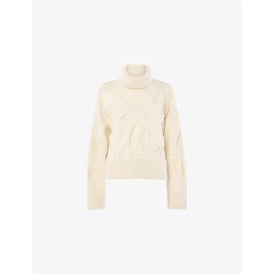 Whistles Womens Cream Floral-embroidered Roll-neck Wool-blend Jumper In Neutral