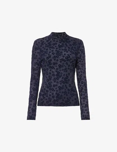 Whistles Womens Navy Floral-pattern High-neck Stretch-mesh Top