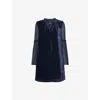Whistles Womens Navy Frill-neck Sheer-sleeve Velvet Mini Dress In Blue