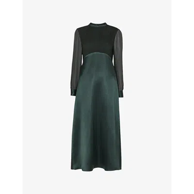 Whistles Womens Dark Green Gathered-bodice Round-neck Satin Maxi Dress