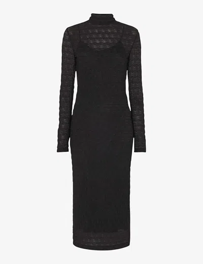 Whistles Womens Black High-neck Long-sleeve Textured Knit Midi Dress