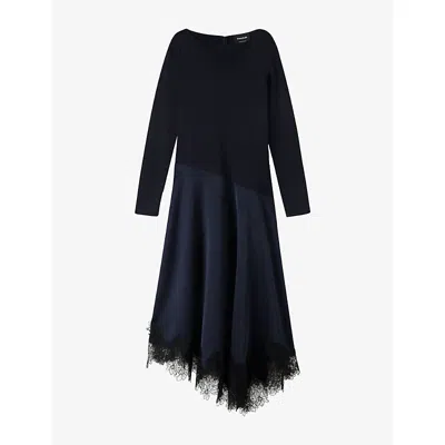 Whistles Omens  Hybrid Lace-trim Satin Midi Dress In Black
