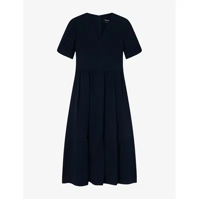 Whistles Womens Navy Textured V-neck Cotton Midi Dress In Blue