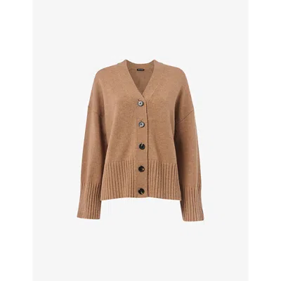 Whistles Omens  V-neck Ribbed Wool And Cashmere Cardigan In Tan