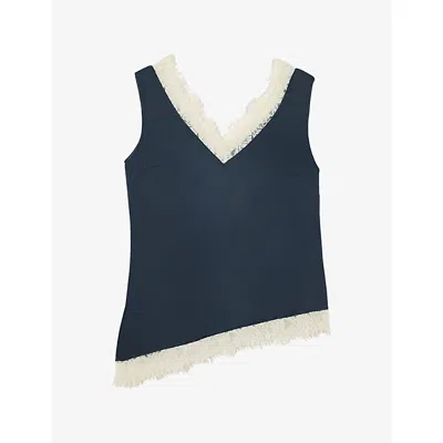 Whistles Omens  V-neck Lace-trim Satin Top In Navy/multi