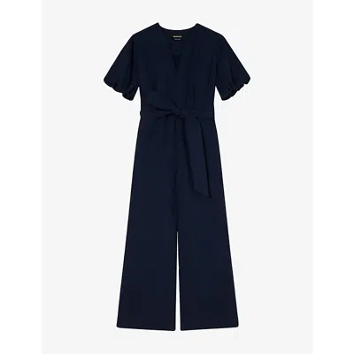 Whistles Womens Navy V-neck Tie-waist Linen-blend Jumpsuit In Blue
