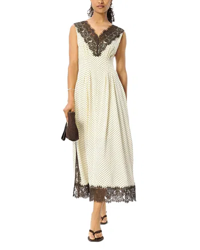 Whistles Petite Lace V Neck Spot Midi Dress In Neutral