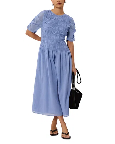 Whistles Petite Shirred Panel Cotton Dress In Blue