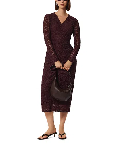 Whistles Ruched Bodice Lace Dress In Burgundy