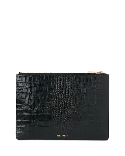 Whistles Shiny Croc Embossed Medium Clutch In Black