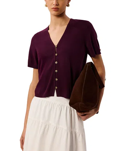 Whistles Short Sleeve Button Front Knit Top In Burgundy