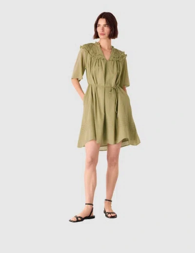 Whistles Short Sleeve Cotton Frill Mini Dress In Green