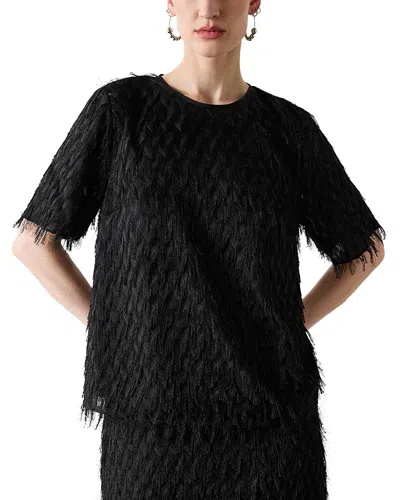 Whistles Tufted Fringe Short Sleeve Top In Black
