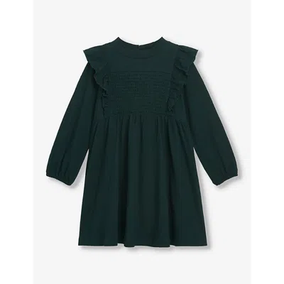 Whistles Girls Dark Green Kids Una Shirred Cotton Mini Dress