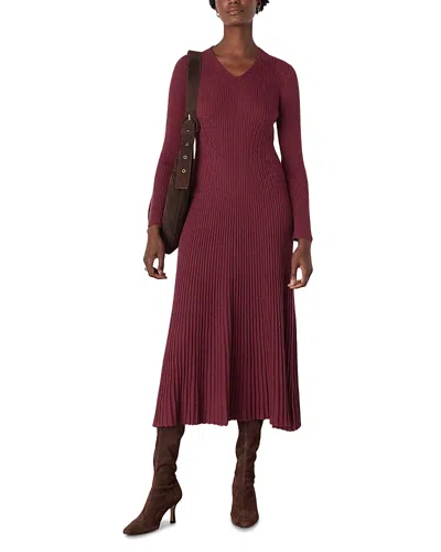 Whistles V Neck Cable Ribbed Knit Dress In Burgundy