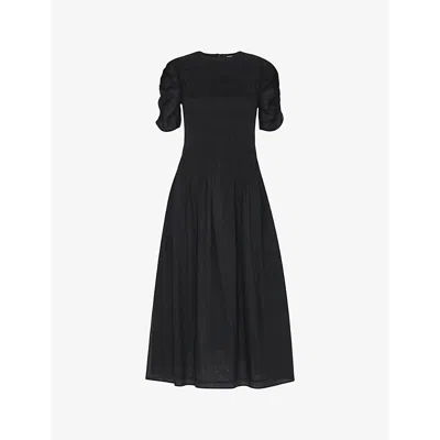 Whistles Womens Black Avery Ruched-sleeve Smocked Cotton Midi Dress