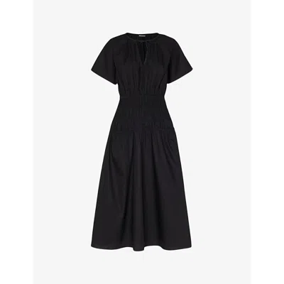Whistles Womens Black Cut-out Shirred-waist Cotton Midi Dress