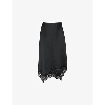 Whistles Womens Black Lace-trim High-rise Satin Midi Skirt