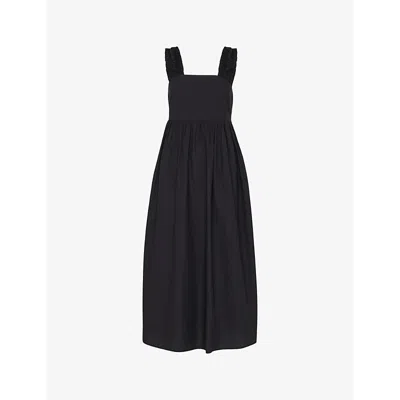 Whistles Womens Black Ruffle-strap Square-neck Cotton Midi Dress