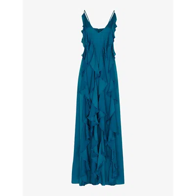Whistles Womens Blue Ruffled Plunging V-neck Recycled-viscose Maxi Dress