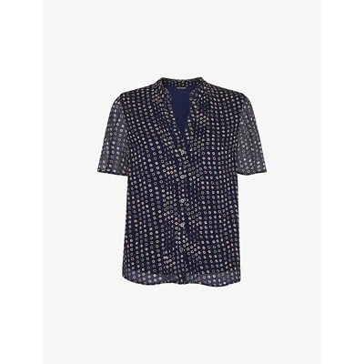 WHISTLES WOMENS BLUE SPOTTED-HOOP SHORT-SLEEVE WOVEN BLOUSE