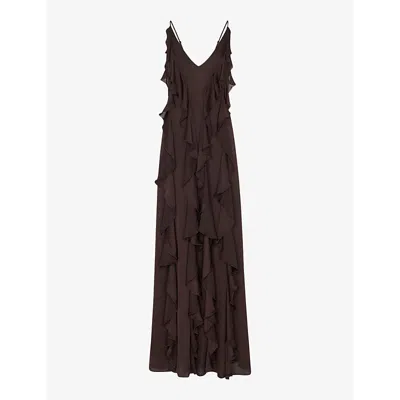 Whistles Womens Brown Ruffled Plunging V-neck Recycled-viscose Maxi Dress