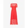 Whistles Womens Coral Fay Lace-embroidered Short-sleeve Stretch-woven Midi Dress In Coral