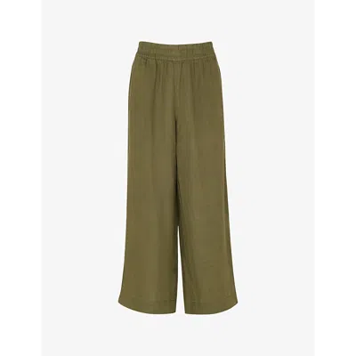 Whistles Elasticated-waist High-rise Linen Trousers In Khaki/olive