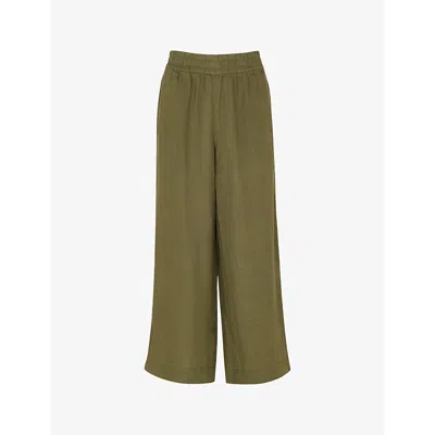 WHISTLES WOMENS KHAKI/OLIVE ELASTICATED-WAIST HIGH-RISE LINEN TROUSERS