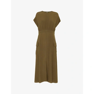 Whistles Patch-pocket Round-neck Woven Midi Dress In Khaki