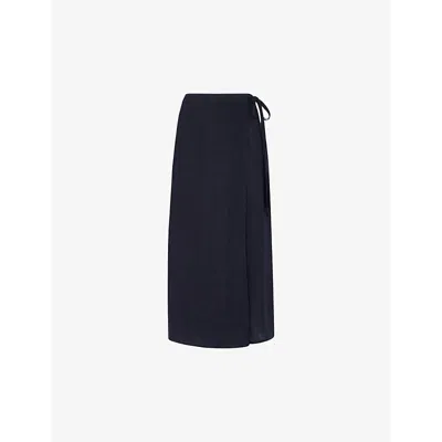 Whistles Womens Navy Wrap Split-front Linen Midi Skirt